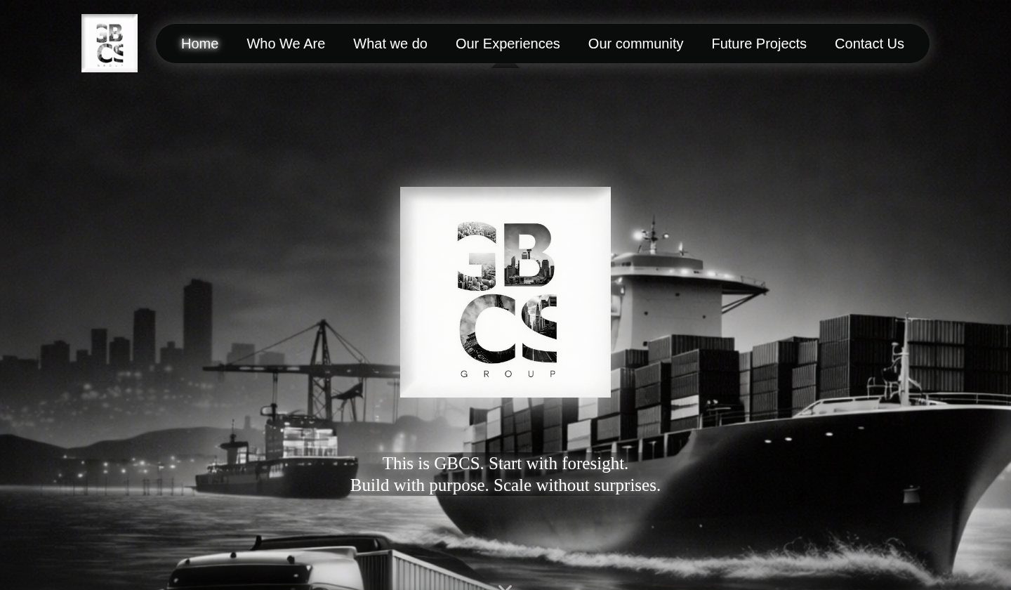 The GBCS website homepage: a monochrome container ship behind the GBCS Group logo