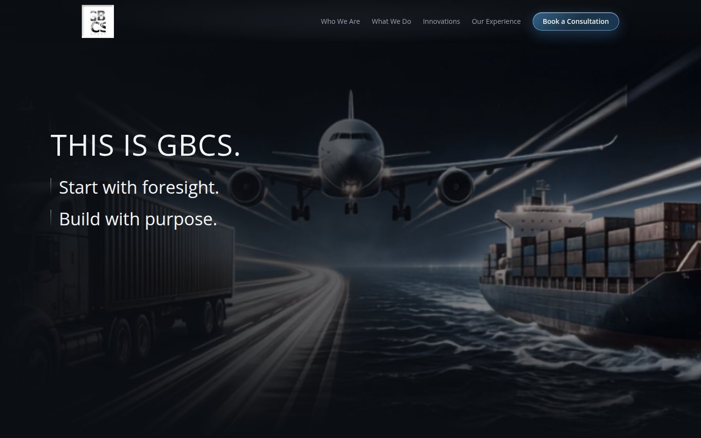 The GBCS website hero: an aircraft, a container ship and a truck at night